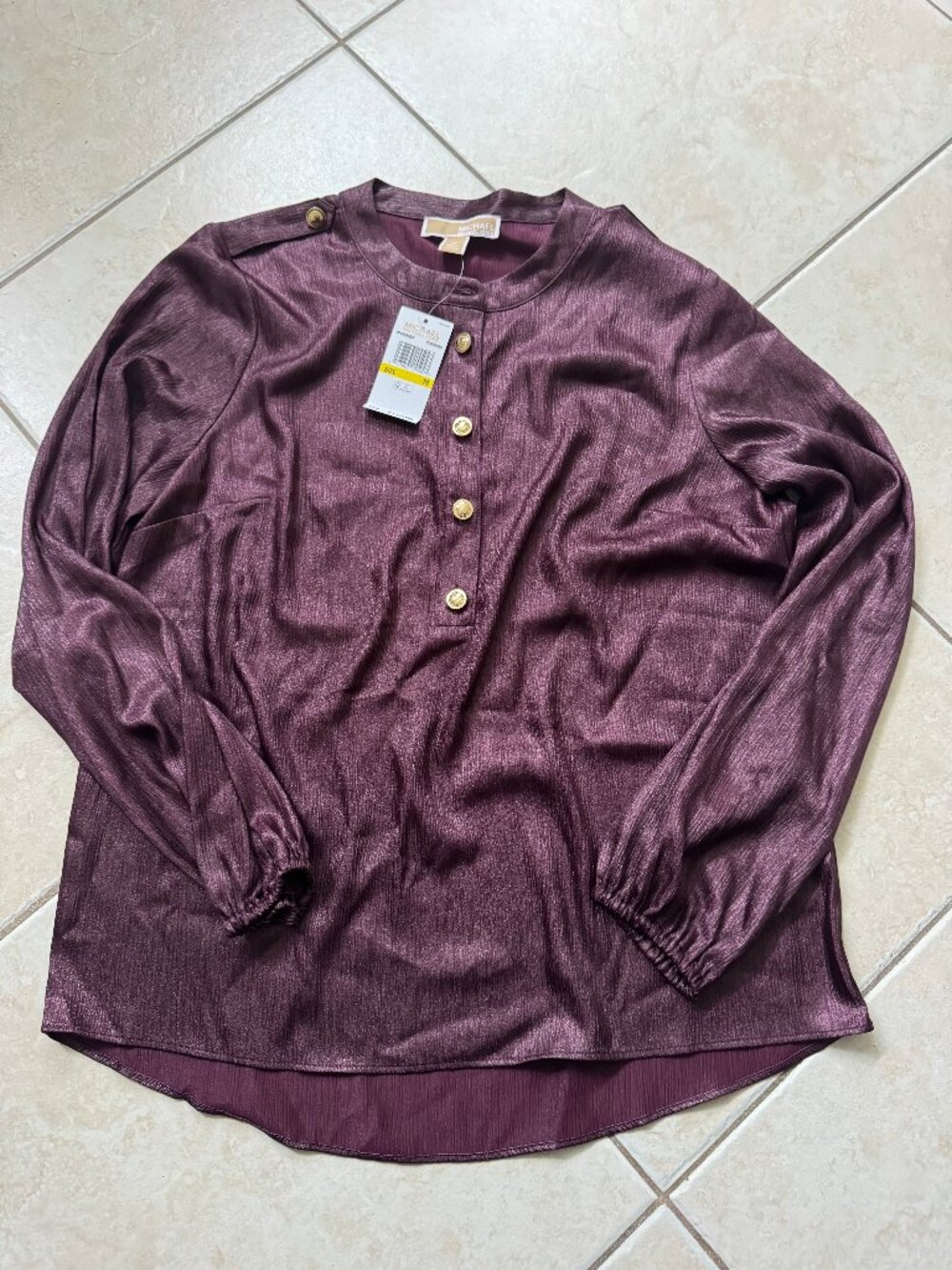 nwt michael kors cordovan plum shimmer henley blouse size M (MSRP $110)